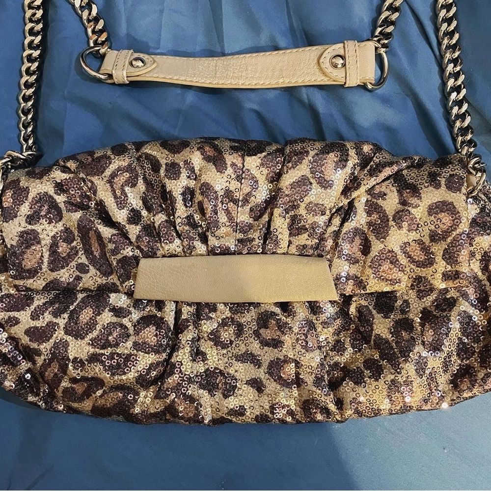 Bebe Y2K leopard sequined clutch with strap